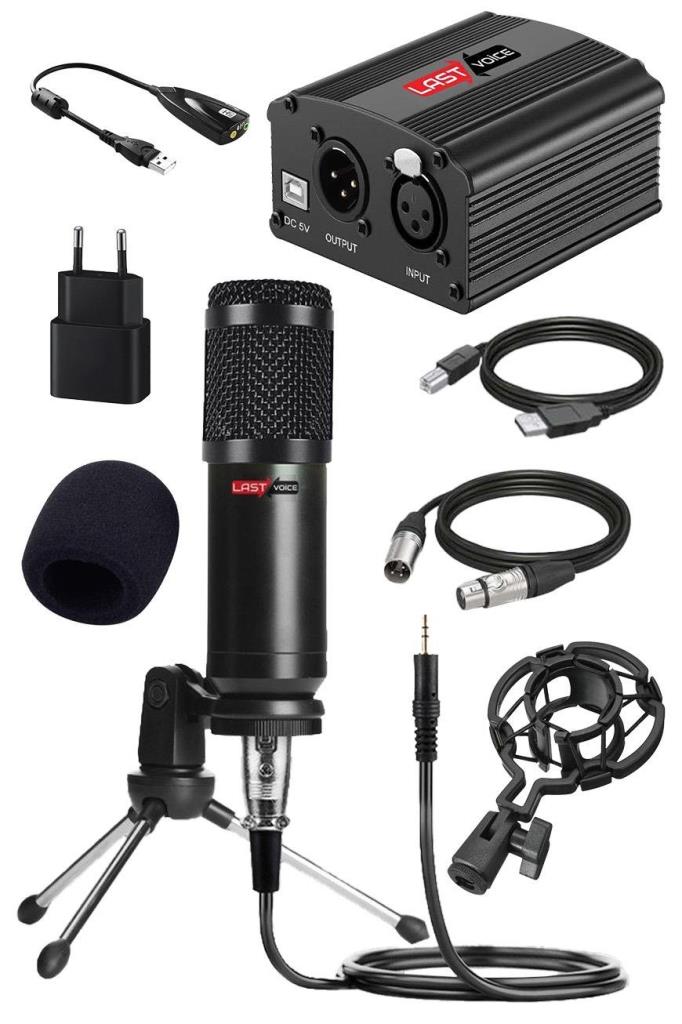 Lastvoice BM800 Full Black Mikrofon + Phantom Power + Mini Tripod + 7.1