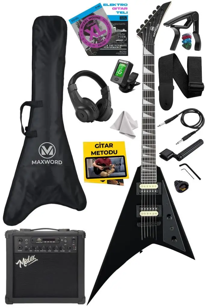 Maxword DG-28BK-25AMP V Kasa Gül Klavye 2x Zebra Humbucker Manyetik 25W Amfili Elektro Gitar