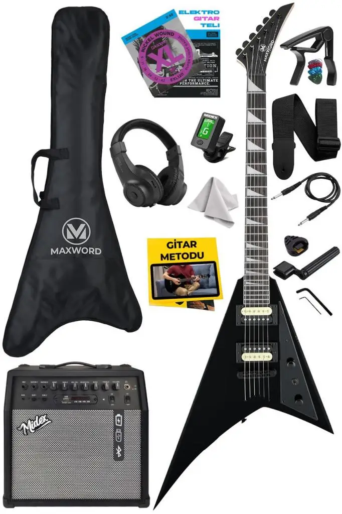 Maxword DG-28BK-50AMP V Kasa Gül Klavye 2x Zebra Humbucker Manyetik 50W Amfili Elektro Gitar