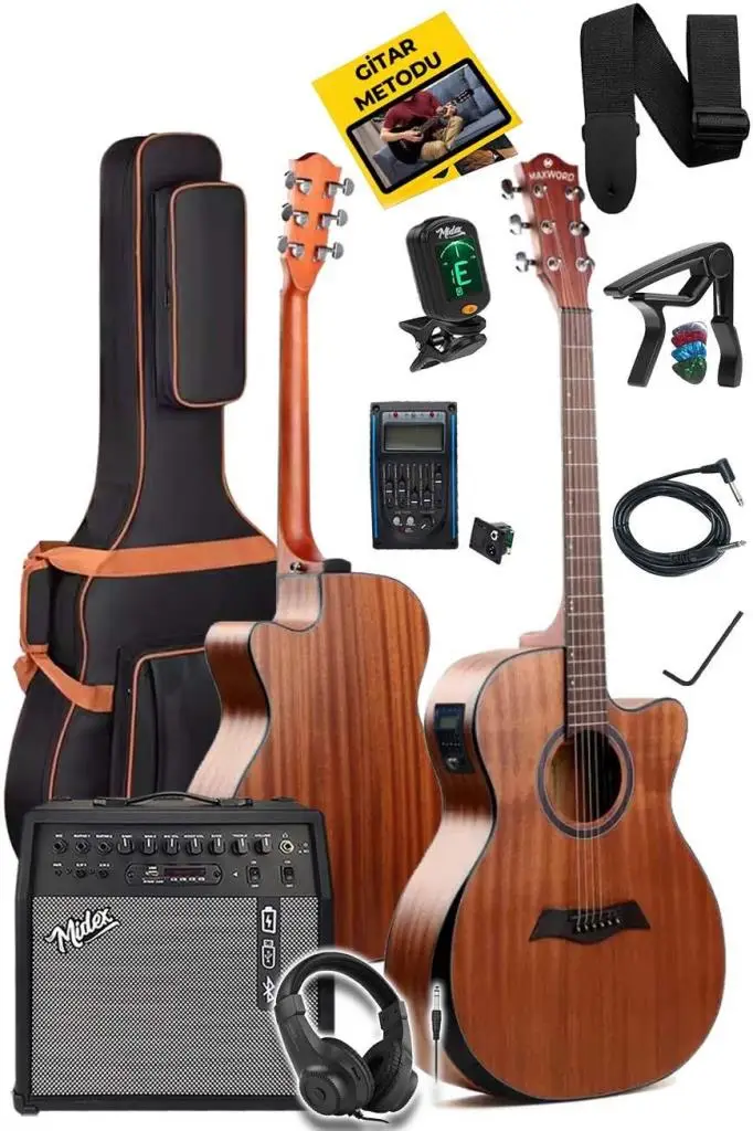 Maxword M450-EQ-50AMP Masif Ağaç 50W Amfili Elektro Akustik Gitar Seti üst Segment