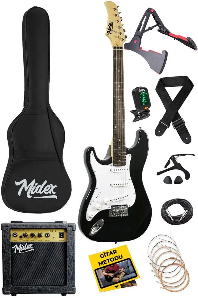 Midex AGE-45 SOLAK Elektro Gitar Seti Amfili ve Full Aksesuar White Black