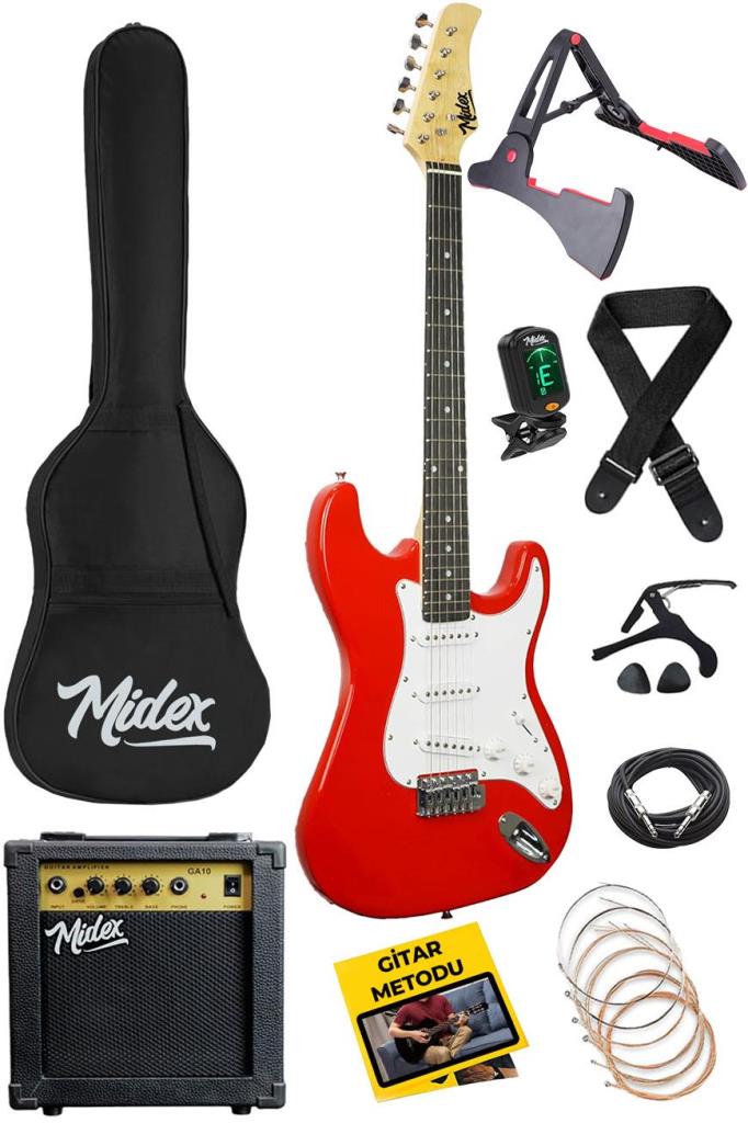 Midex AGE-80RD Amfili Full Elektro Gitar Seti 4/4 Yetişkin 39 İnç RED