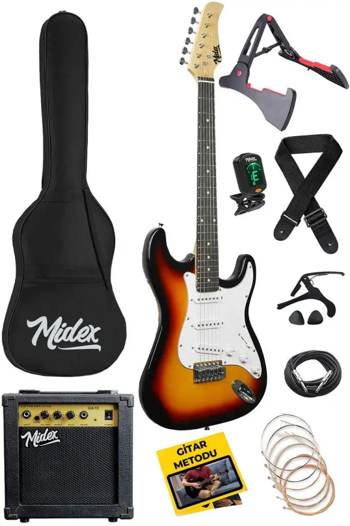 Midex AGE-80SB Amfili Full Elektro Gitar Seti 4/4 Yetişkin 39 İnç Sunburs