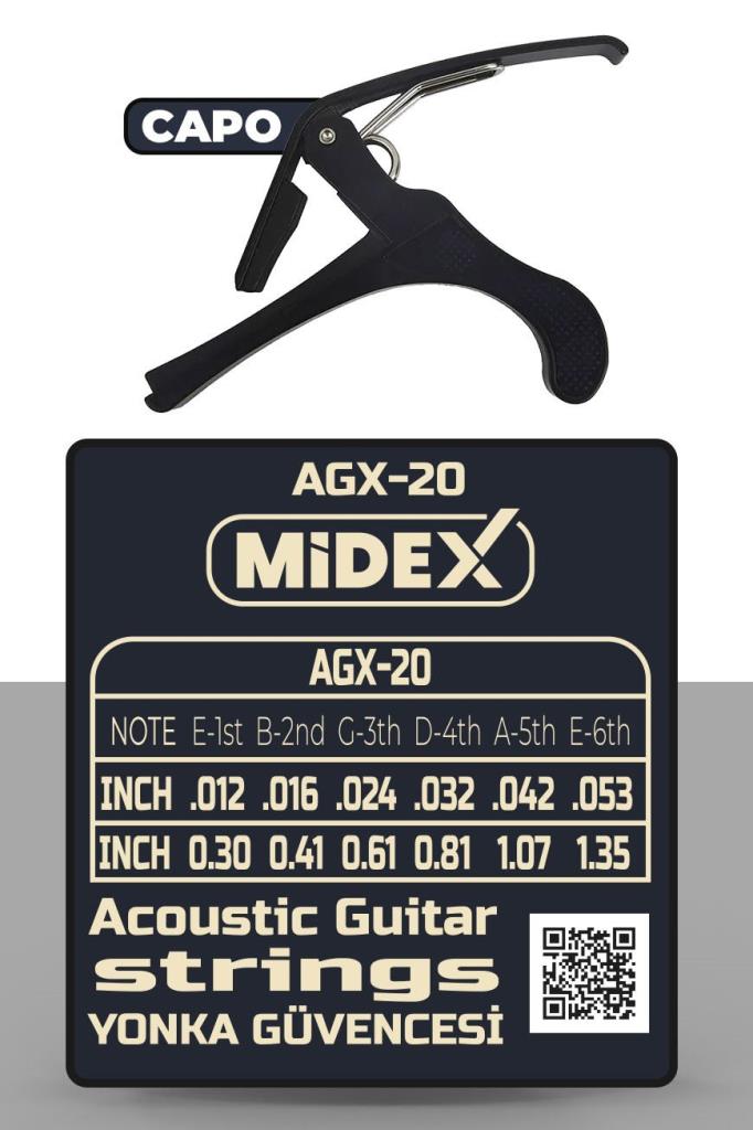 Midex AGX-20C Akustik Gitar Teli Takımı Pena ve Kapo (Capo) Seti