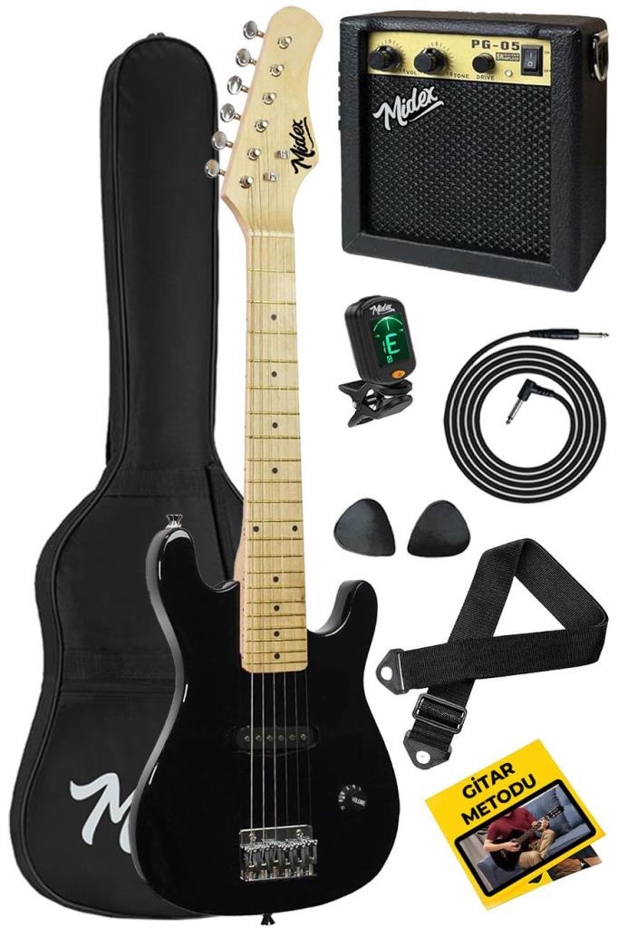 Midex CEG-30BK 4-6 Yaş Çocuklar İçin Amfili Full 1/4 30 İnç Elektro Gitar Seti Full Black