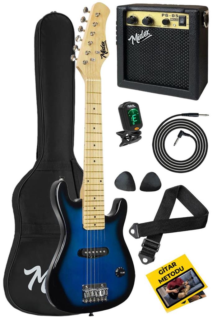 Midex CEG-30BL 4-6 Yaş Çocuklar İçin Amfili Full 1/4 30 İnç Elektro Gitar Seti Blue Black