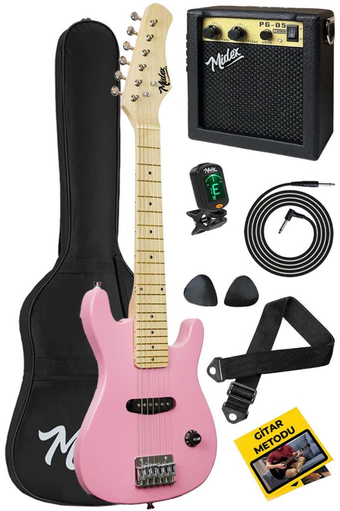 Midex CEG-30PK 4-6 Yaş Çocuklar İçin Amfili Full 1/4 30 İnç Elektro Gitar Seti Pembe