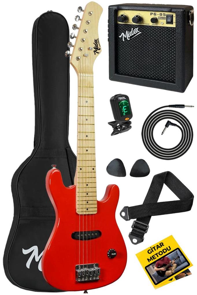 Midex CEG-30RD 4-6 Yaş Çocuklar İçin Amfili Full 1/4 30 İnç Elektro Gitar Seti RED