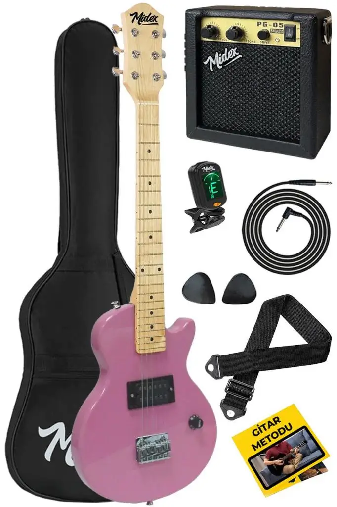 Midex CEG-34PK 5-8 Yaş Çocuklar İçin Amfili Full 1/2 34 İnç Elektro Gitar Seti Pembe