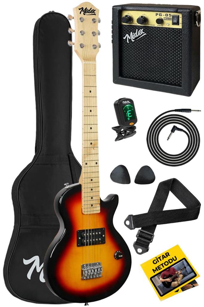 Midex CEG-34SB 5-8 Yaş Çocuklar İçin Amfili Full 1/2 34 İnç Elektro Gitar Seti Sunburs