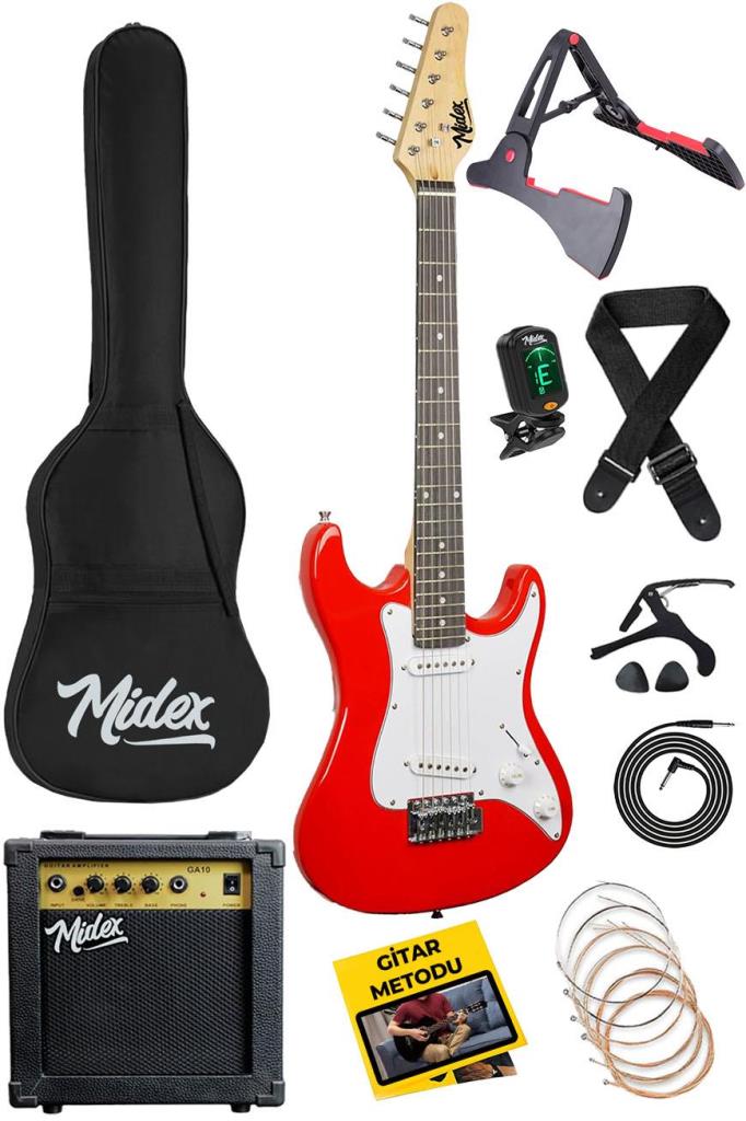 Midex CEG-36RD 8-12 Yaş Çocuklar İçin Amfili Full 3/4 36 İnç Elektro Gitar Seti Kırmızı