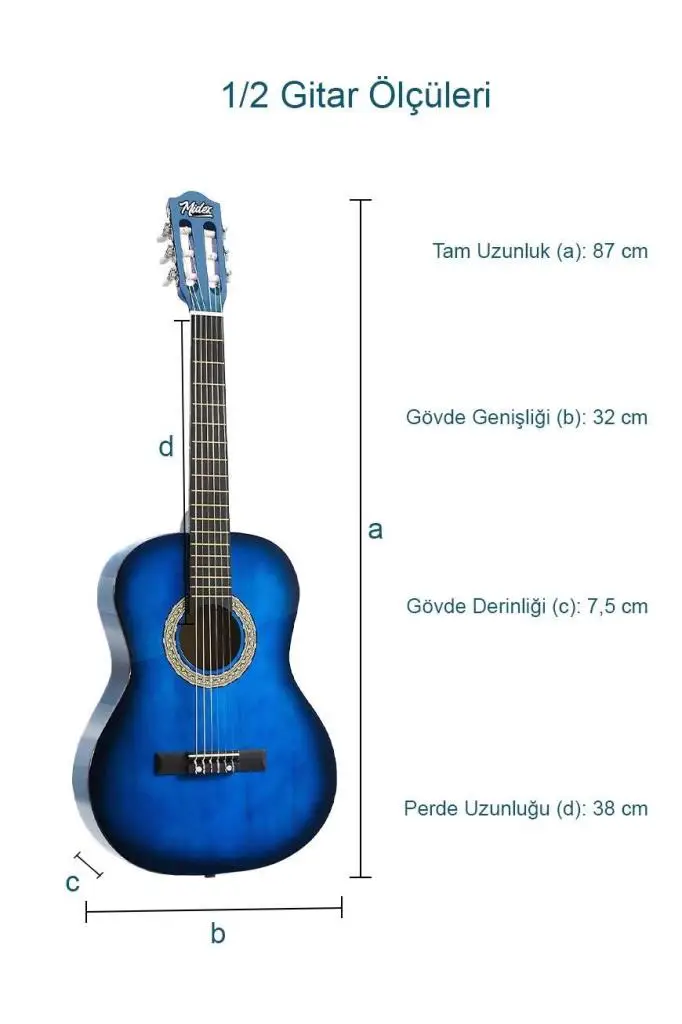 Midex CG-34BL Kaliteli 34 İnç 1/2 Juniur Çocuk Gitarı 4-8 Yaş Arası (Çanta Capo Nota Sticker Askı Pena Metod)