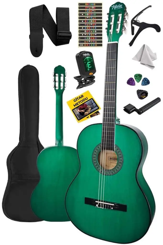 Midex CG-34GR-PAK Kaliteli 34 İnç 1/2 Junior Çocuk Gitarı Seti 4-8 Yaş Arası (Tuner Çanta Capo Askı Nota Sticker Pena Metod)