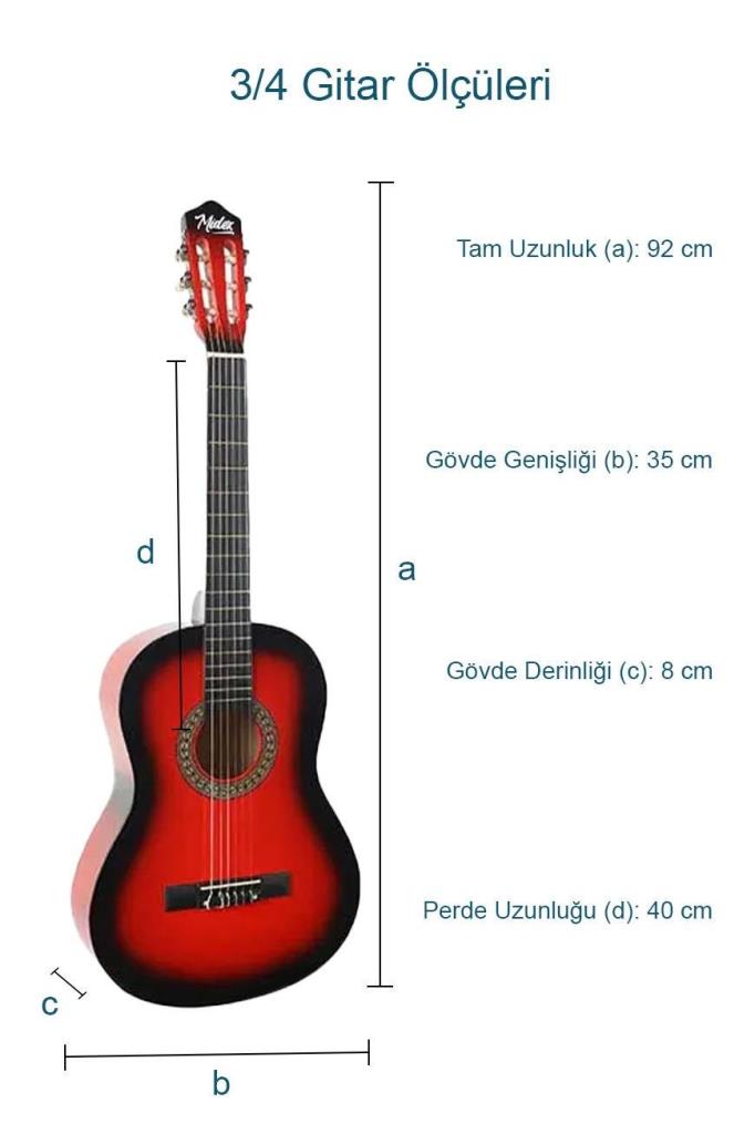 Midex CG-36RD Kaliteli 36 İnç 3/4 Juniur Çocuk Gitarı 8-12 Yaş Arası (Çanta Askı Capo Nota Sticker Pena Metod)