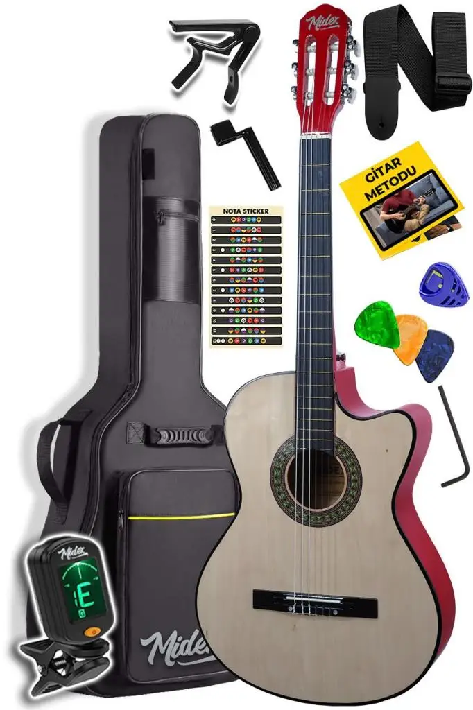 Midex CG-390NT-XBAG Klasik Gitar 4/4 Sap Ayarlı Kesik Kasa (Çanta Tuner Askı Capo Metod Pena)