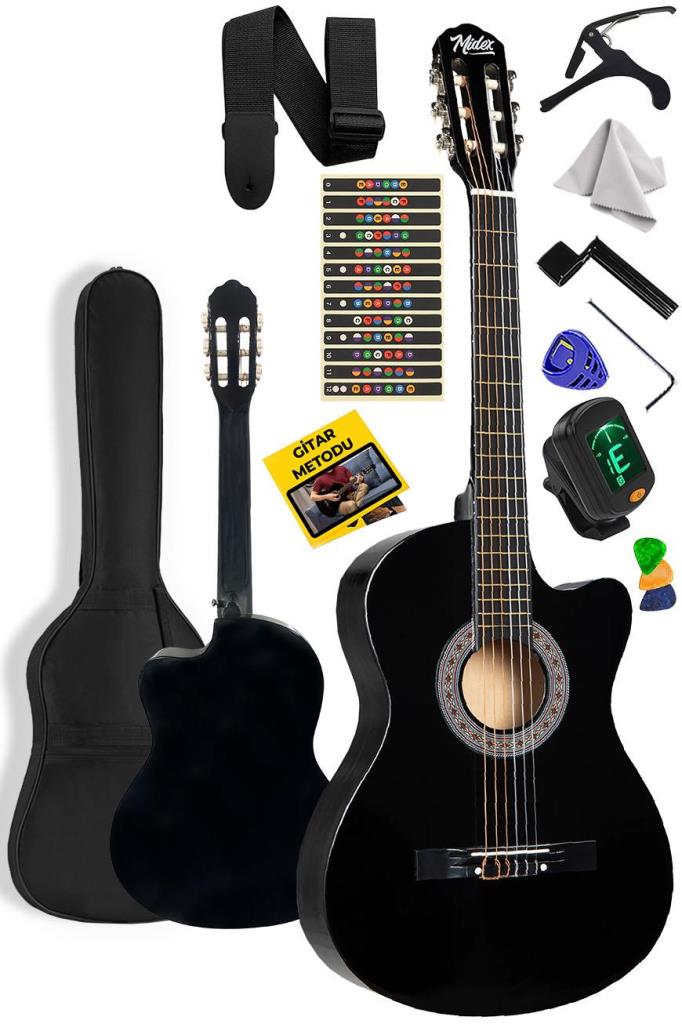 Midex CG-395BK Siyah Klasik Gitar 4/4 Sap Ayarlı Kesik Kasa Full Set (Çanta Askı Tuner Metod Pena)