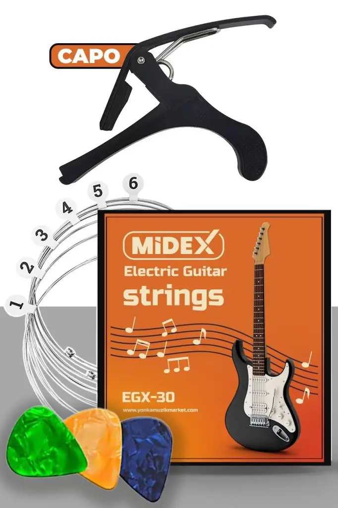 Midex EGX-30C Elektro Gitar Teli Takımı Pena ve Kapo (Capo) Seti