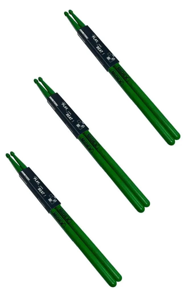 Midex GFK-801GR-3X 5A Bateri Baget Kırılmaz Polyemid Yeşil Renk Davul Bageti 5A Drumsticks 6 Adet (3 Çift)