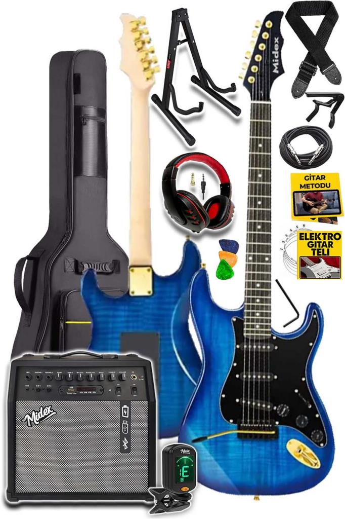 Midex GLC-40BL-50AMP Elektro Gitar Seti 50 WATT Şarjlı BT Amfi Kulaklık ve Full SET