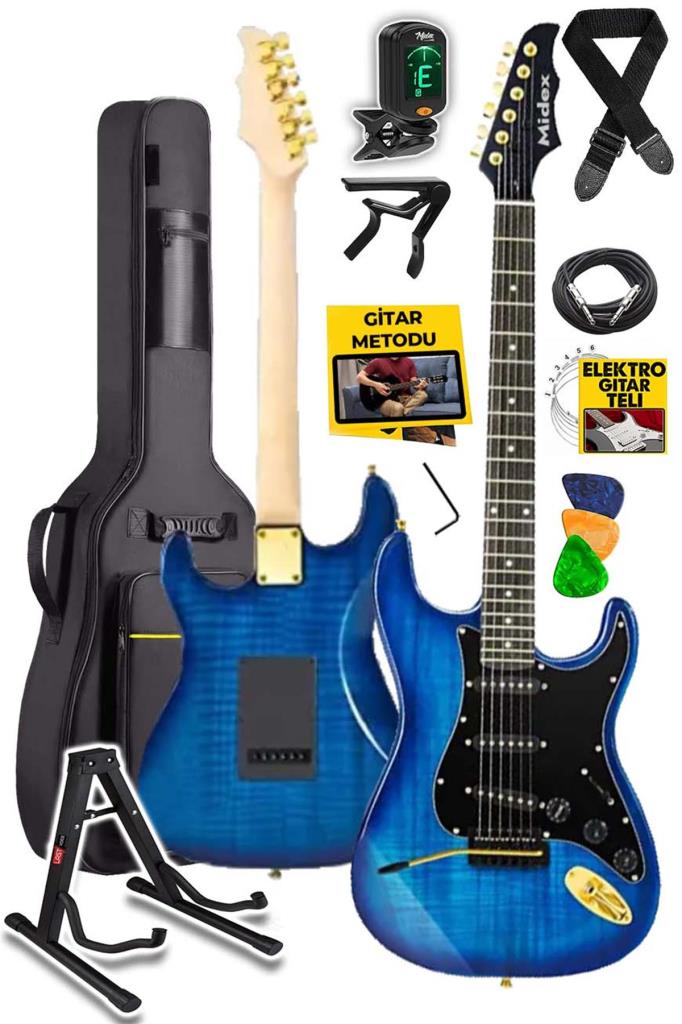 Midex GLC-40BL Profesyonel Elektro Gitar Mavi (Stand Gigbag Askı Capo Tuner Pena Kablo Yedek Tel)