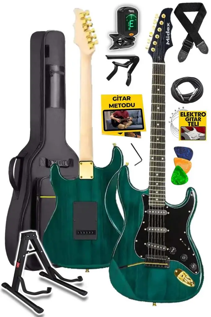 Midex GLC-40GR Profesyonel Elektro Gitar Yeşil (Stand Gigbag Askı Capo Tuner Pena Kablo Yedek Tel)