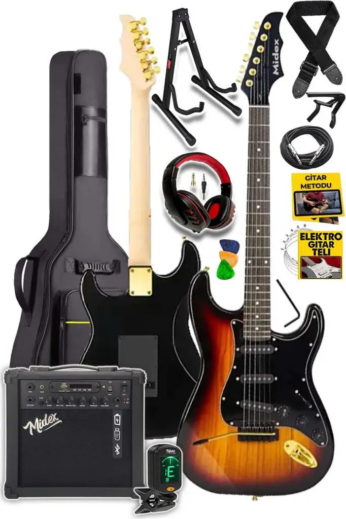 Midex GLC-40SB-AMP Elektro Gitar Seti 25 WATT Şarjlı BT Amfi Kulaklık ve Full SET