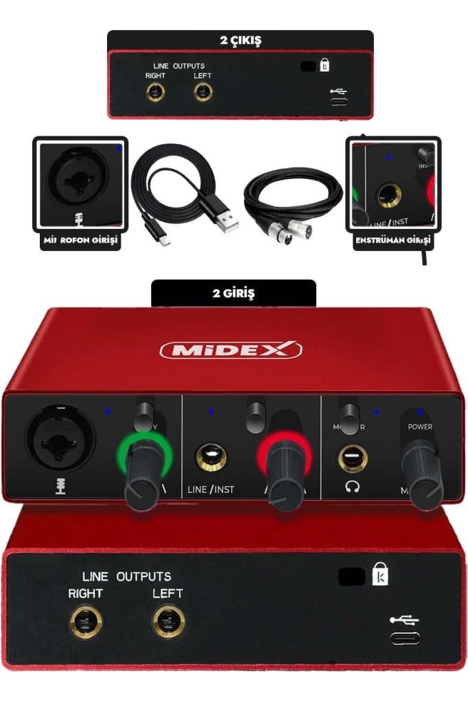 Midex GLX-500 PRO Stüdyo Ses Kartı 2 Giriş 2 Çıkış 24Bit/96kHz (XLR Kablo Hediye)