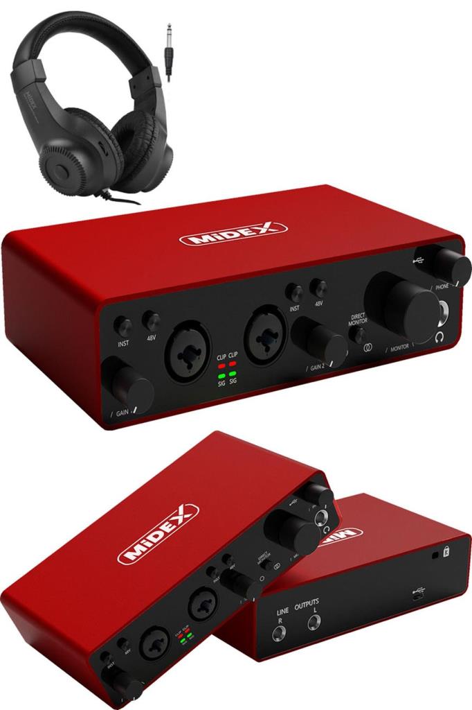 Midex GLX-800RD-H Üst Segment Usb Stüdyo Ses Kartı 2 Giriş 2 Çıkış 24bit/192kHz (Kulaklık kablo Dahil)