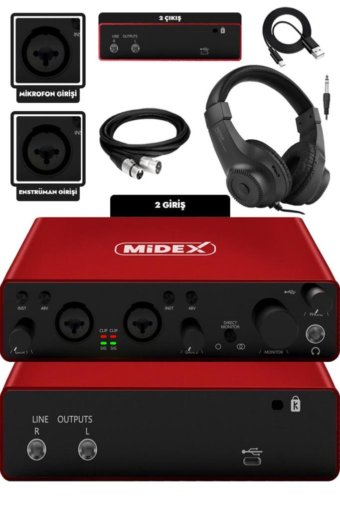 Midex GLX-800RD-H Üst Segment Usb Stüdyo Ses Kartı 2 Giriş 2 Çıkış 24bit/192kHz (Kulaklık kablo Dahil)