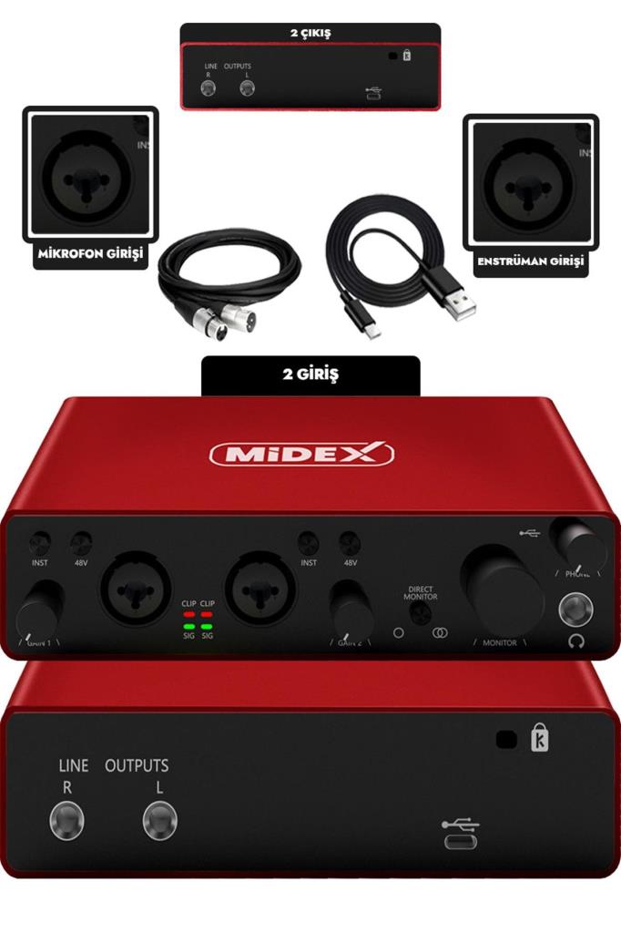 Midex GLX-800RD Üst Segment Usb Stüdyo Ses Kartı 2 Giriş 2 Çıkış 24bit/192kHz