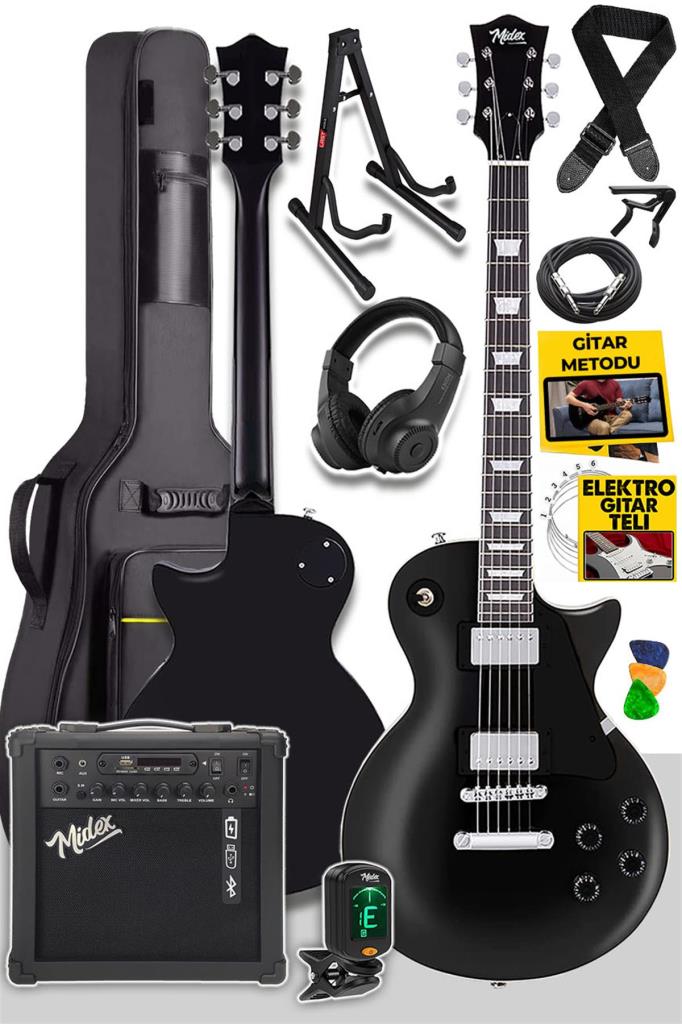 Midex GRX-200BK-25-AMP Les Paul Kasa Elektro Gitar Seti 25 Watt Gainli Şarjlı Amfi ve Full Set (H-H)