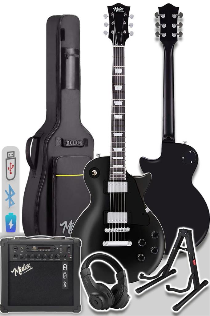 Midex GRX-200BK-25-AMP Les Paul Kasa Elektro Gitar Seti 25 Watt Gainli Şarjlı Amfi ve Full Set (H-H)