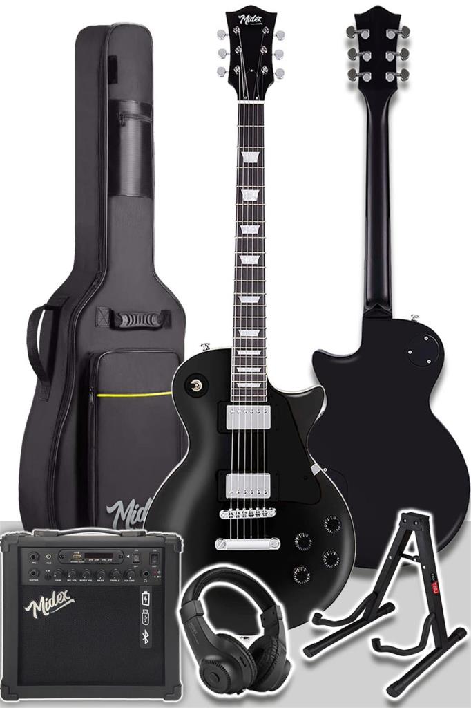 Midex GRX-200BK-25-AMP Les Paul Kasa Elektro Gitar Seti 25 Watt Gainli Şarjlı Amfi ve Full Set (H-H)