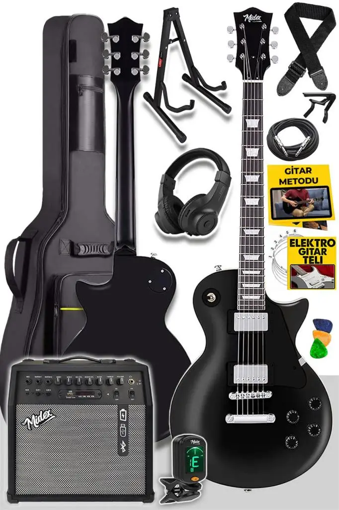 Midex GRX-200BK-50-AMP Les Paul Kasa Elektro Gitar Seti 50 Watt Gainli Şarjlı Amfi ve Full Set (H-H)