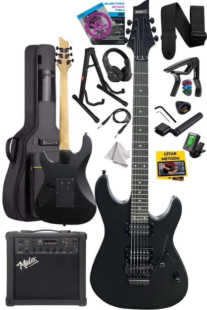 Midex GRX-300-25-AMP Profesyonel Elektro Gitar Seti 25 Watt Gainli Şarjlı Bluetooth`lu Amfi ve Full Set