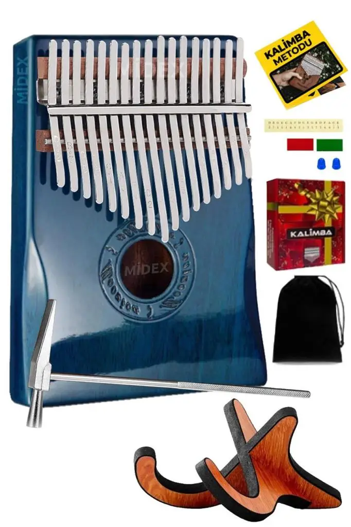 Midex KLX-661-PAK Kalimba 1. Sınıf Koa Ağacı Mavi Renk Mineral Çelik Paslanmaz 17 Tuşlu Full Set