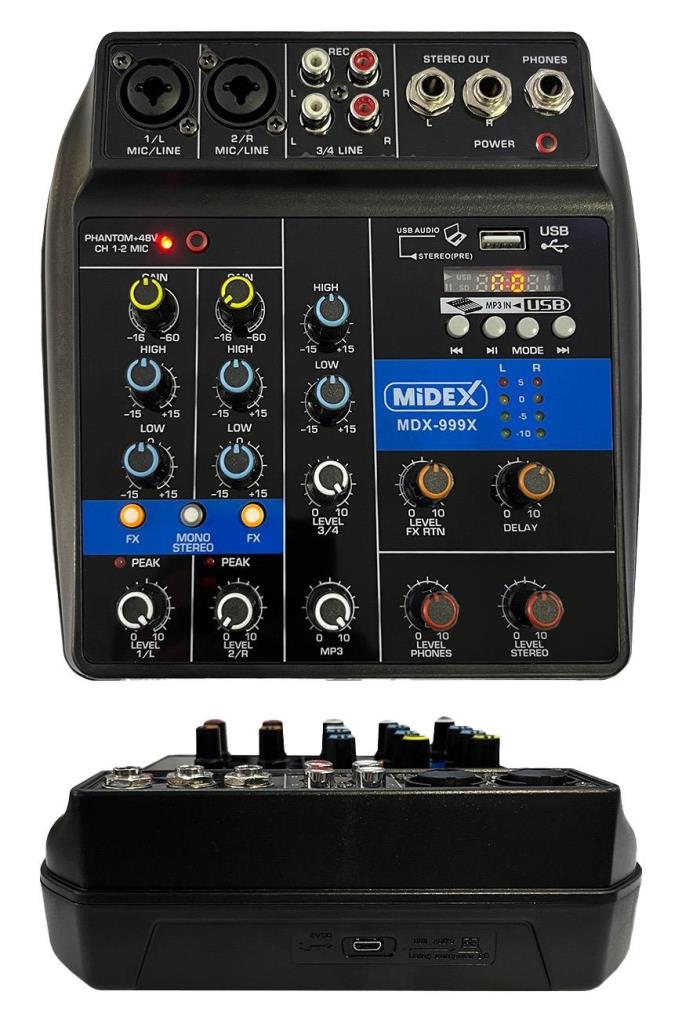 Midex MDX-999X Stüdyo Kayıt İçin Ses Kartlı +48V Phantomlu Kayıt Mikseri ( XLR Kablo + Rca Hediye)