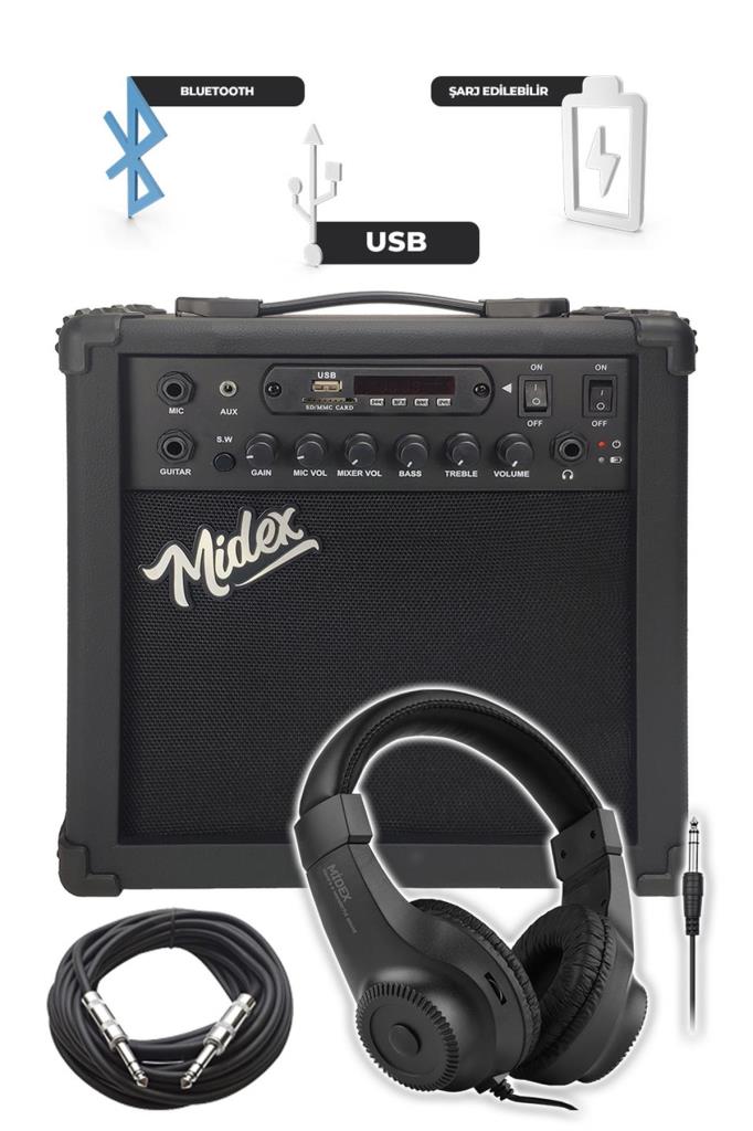 Midex MGA-25BK-HD ŞARJLI Elektro Gitar Amfisi 25 Watt USB Bluetooth Distortion Kulaklık ve Kablo