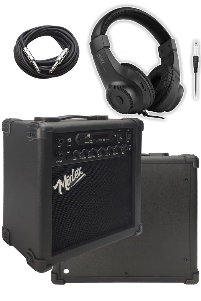 Midex MGA-25BK-HD ŞARJLI Elektro Gitar Amfisi 25 Watt USB Bluetooth Distortion Kulaklık ve Kablo