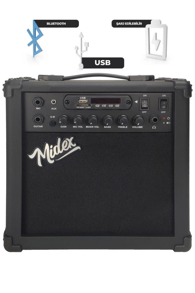 Midex MGA-25BK Şarjlı Elektro Gitar Amfisi 25 WATT Gain Bluetooth Usb Distortion