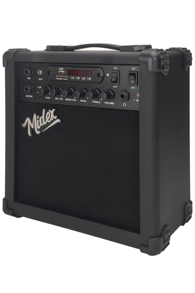 Midex MGA-25BK Şarjlı Elektro Gitar Amfisi 25 WATT Gain Bluetooth Usb Distortion