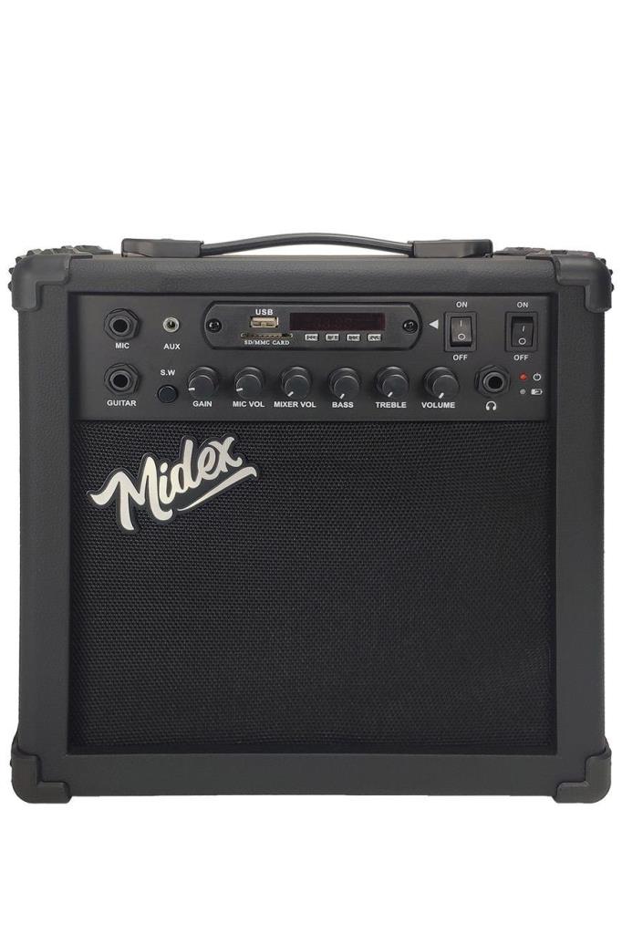 Midex MGA-25BK Şarjlı Elektro Gitar Amfisi 25 WATT Gain Bluetooth Usb Distortion