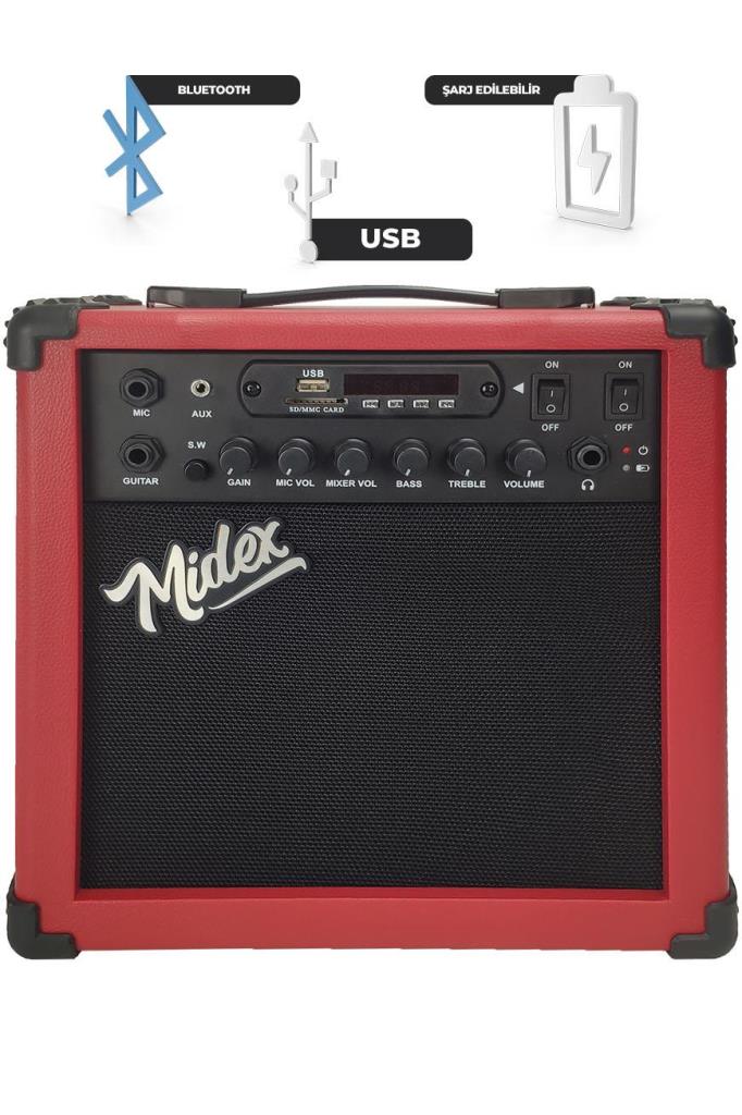 Midex MGA-25RD Elektro Gitar Amfisi 25 Watt USB Bluetooth Şarjlı 2 girişli