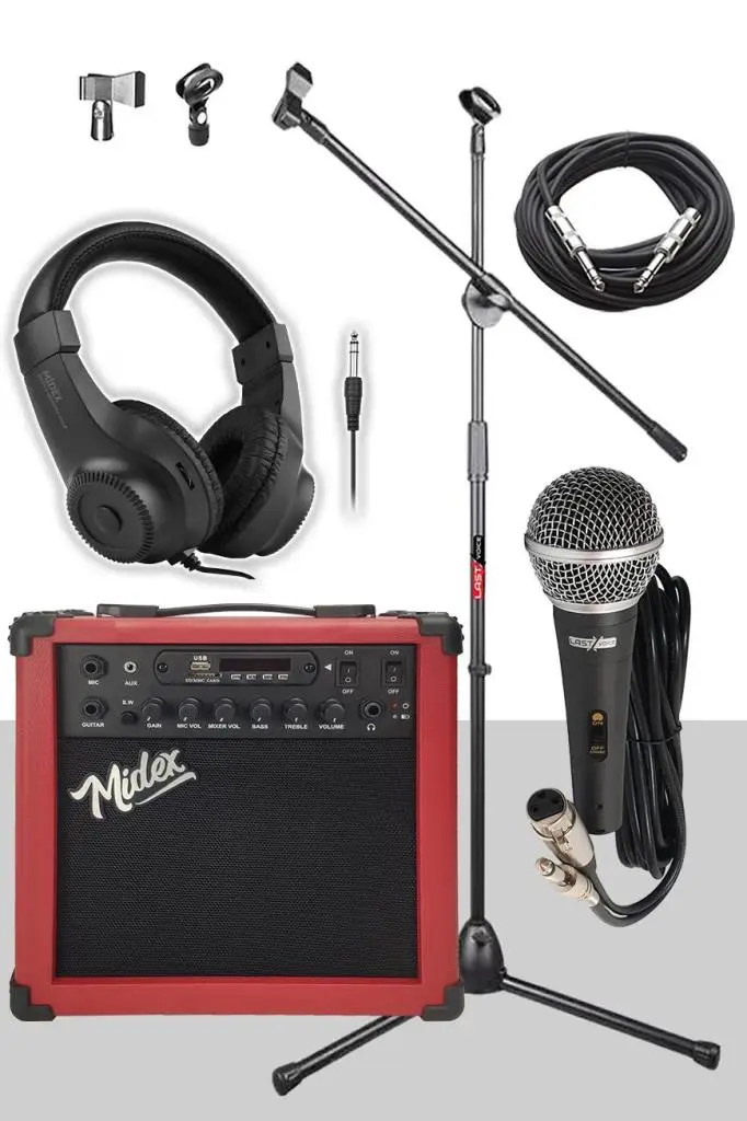 Midex MGA-25RD-PAK Elektro Gitar Amfisi 25 Watt USB Bluetooth ve Şarjlı (Amfi Mikrofon Stand Kulaklık Jack Kablo)