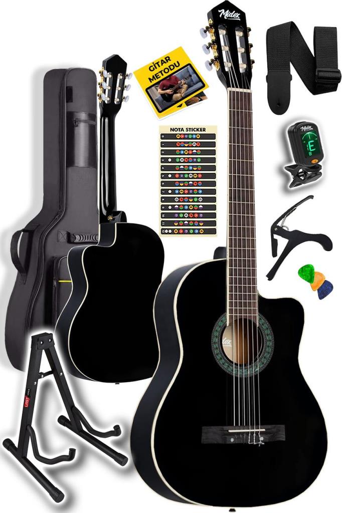 Midex MGX-100BK-ST Üst Seviye Klasik Gitar 4/4 Sap Ayarlı (Çanta Stand Tuner Capo Askı Metod Pena)