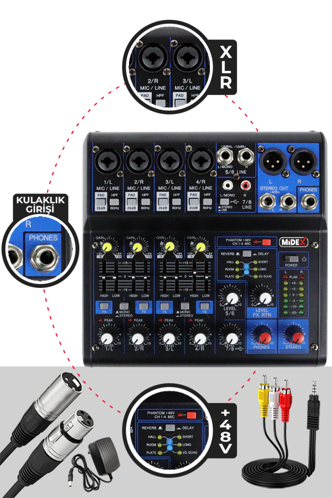 Midex Mix Paket-4 Stüdyo Youtuber Podcast Kayıt Ekipman Seti CX1 Mikrofon MDX-06FXU Mixer