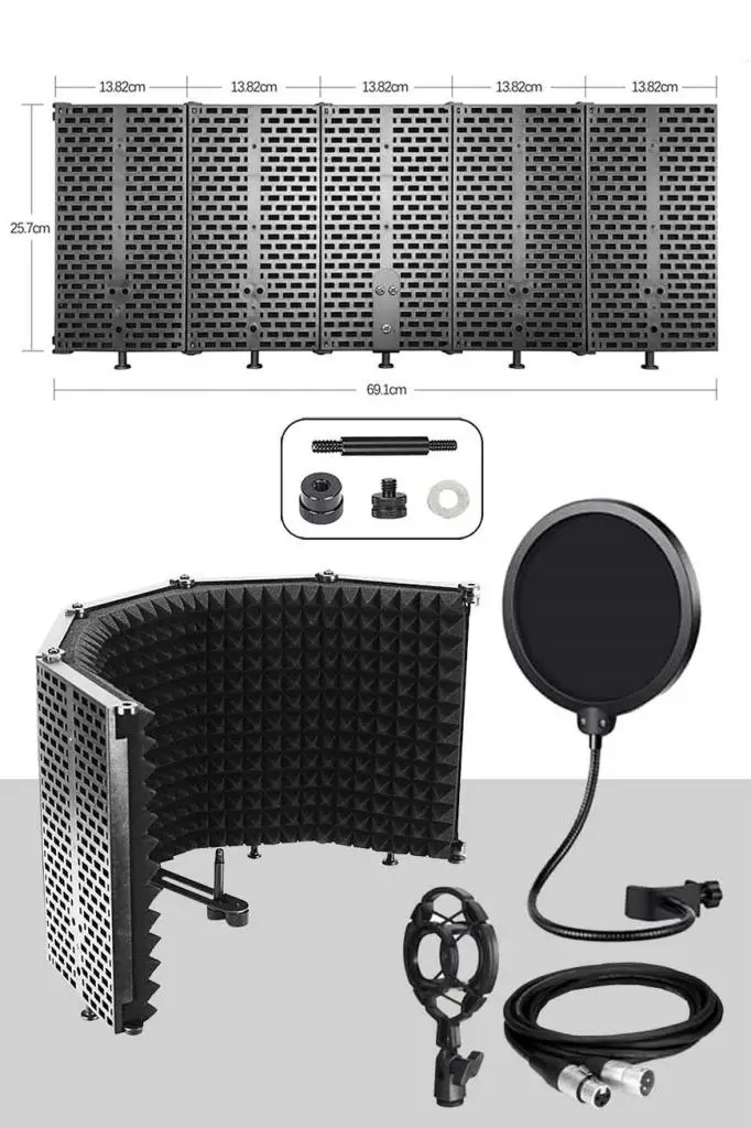 Midex PF-43PS Mikrofon Ses Yalıtım Paneli 5 Bölümlü Ayaklı 69x26cm (Filtre Sünger Shock Mount Kablo Hediye)