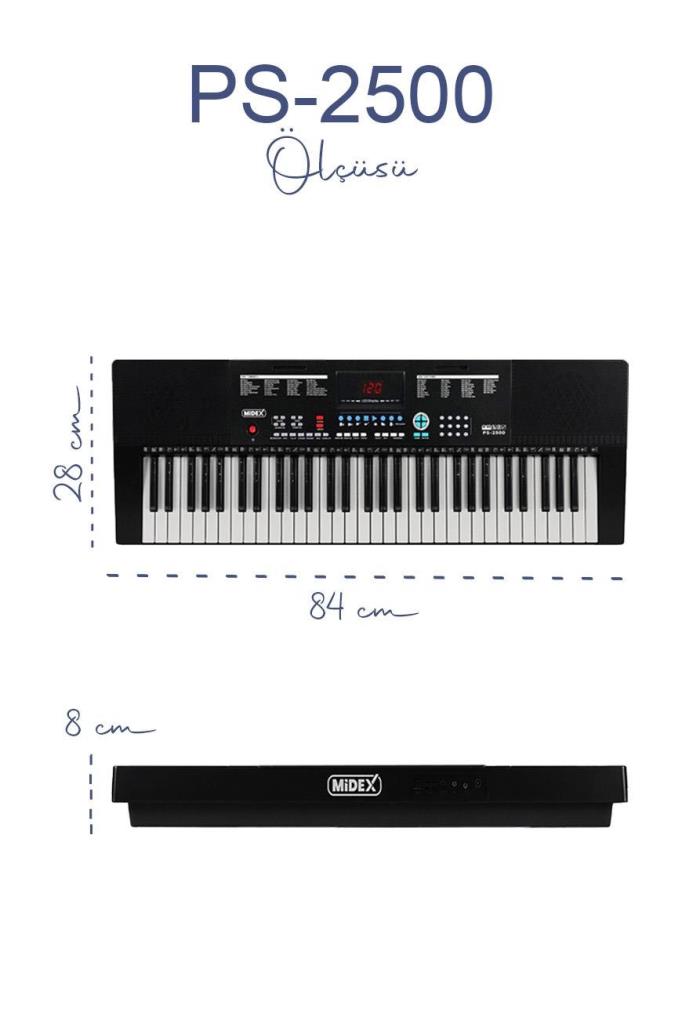 Midex PS-2500KS LED Ekran 61 Tuşlu Org Klavye (Stand Çanta Kulaklık Adaptör Notalık Metod)