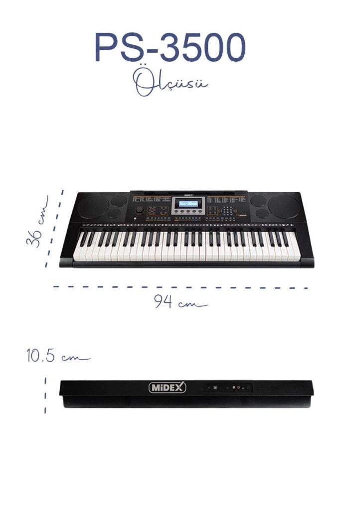 Midex PS-3500 Tuş Hassasiyetli Org 61 Tuşlu Org 5 Oktav Çanta Nota Standı Adaptör Metod (300 Ses 300 Ritim)