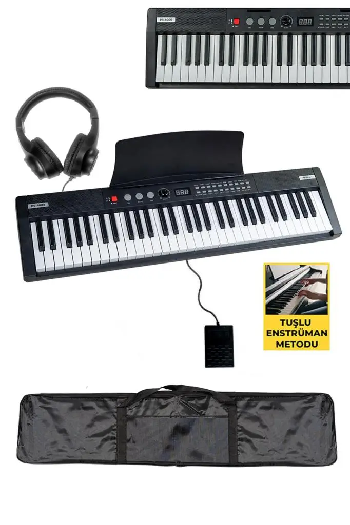 Midex PS4000BK-SET Tuş Hassasiyetli 61 Tuşlu Org Bluetooth USB Midi (Sustain Pedalı Çanta Kulaklık Stand METOD)